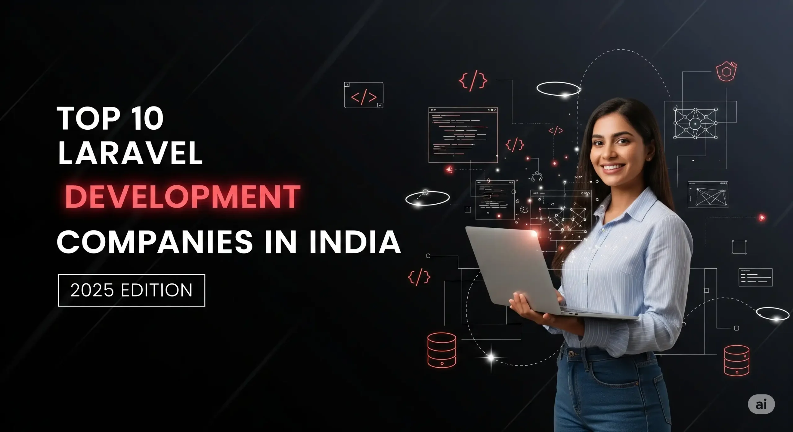 Create a wide, high-resolution digital banner (2560 × 1369) for the headline: “Top 10 Laravel Development Companies in India 2025” Use a dark gradient background blending deep black into rich charcoal, overlaid with faint diagonal or vertical soft light streaks to add modern depth. Overlay thin minimalist geometric lines and dotted node network patterns to represent digital frameworks and connectivity. Integrate small clean programming icons — curly braces {}, code lines, terminal windows, and database symbols — lightly scattered around the design in subtle muted neon. Use faint accents of Laravel’s signature red in thin line curves or small geometric highlights across the image to subtly emphasize the Laravel ecosystem. Place the headline text on the left in large bold white modern sans-serif typography, with “Laravel Development” highlighted in bright crimson or deep neon red for crisp emphasis. Underneath, add a smaller elegant line: “2025 Edition” in soft light gray. On the right, feature a confident Indian female software engineer in smart casuals, smiling while holding a laptop with tiny glowing code snippets or frameworks floating gently from the screen. Add subtle glow rings, small sparkles, and faint dotted curves to complete a refined, slightly futuristic web development look — perfect for showcasing India’s top Laravel companies in 2025.