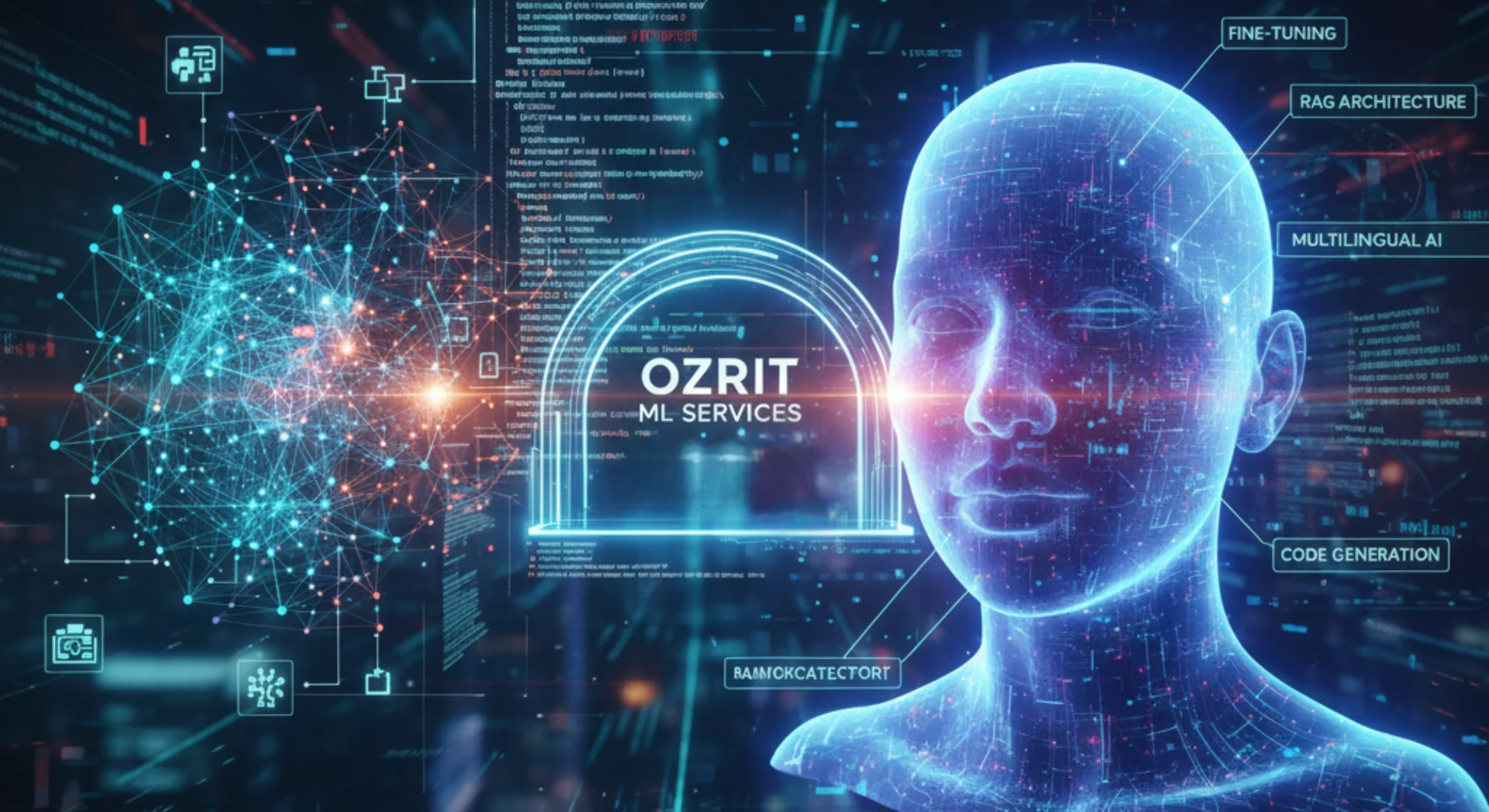 A complex digital scene featuring a glowing human head representing AI on the right, connected to various floating text labels like "FINE-TUNING," "RAG ARCHITECTURE," and "MULTILINGUAL AI." On the left, an intricate network of glowing lines and dots symbolizes data and machine learning. In the center, a prominent arch features the text "OZRIY - ML Development SERVICES" along with icons for PyTorch and TensorFlow, all against a background of code snippets and digital interfaces.