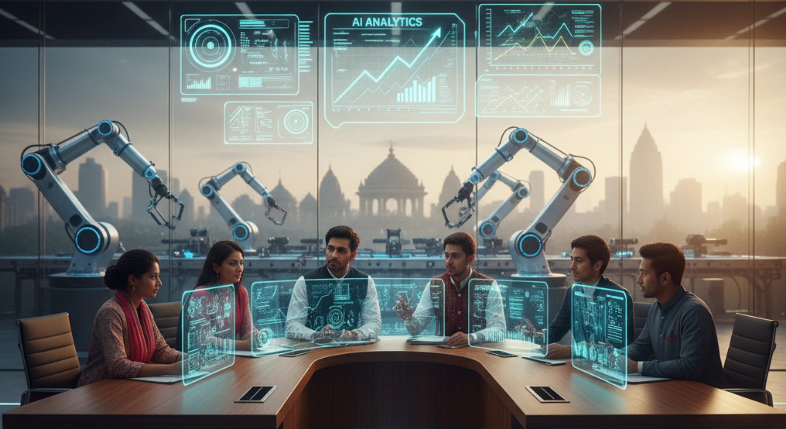 A high-resolution image featuring a **diverse team of six professionals** (men and women in modern business attire, including some traditional Indian patterns) sitting around a **U-shaped conference table** in a futuristic office. They are analyzing **glowing, blue holographic screens** displaying **AI analytics, charts, and data points**. In the background, visible through a large glass window, are several **robotic arms** and a **subtle Indian city skyline at sunset**, which includes an iconic dome structure. The overall scene conveys a modern, AI-powered Indian tech environment.