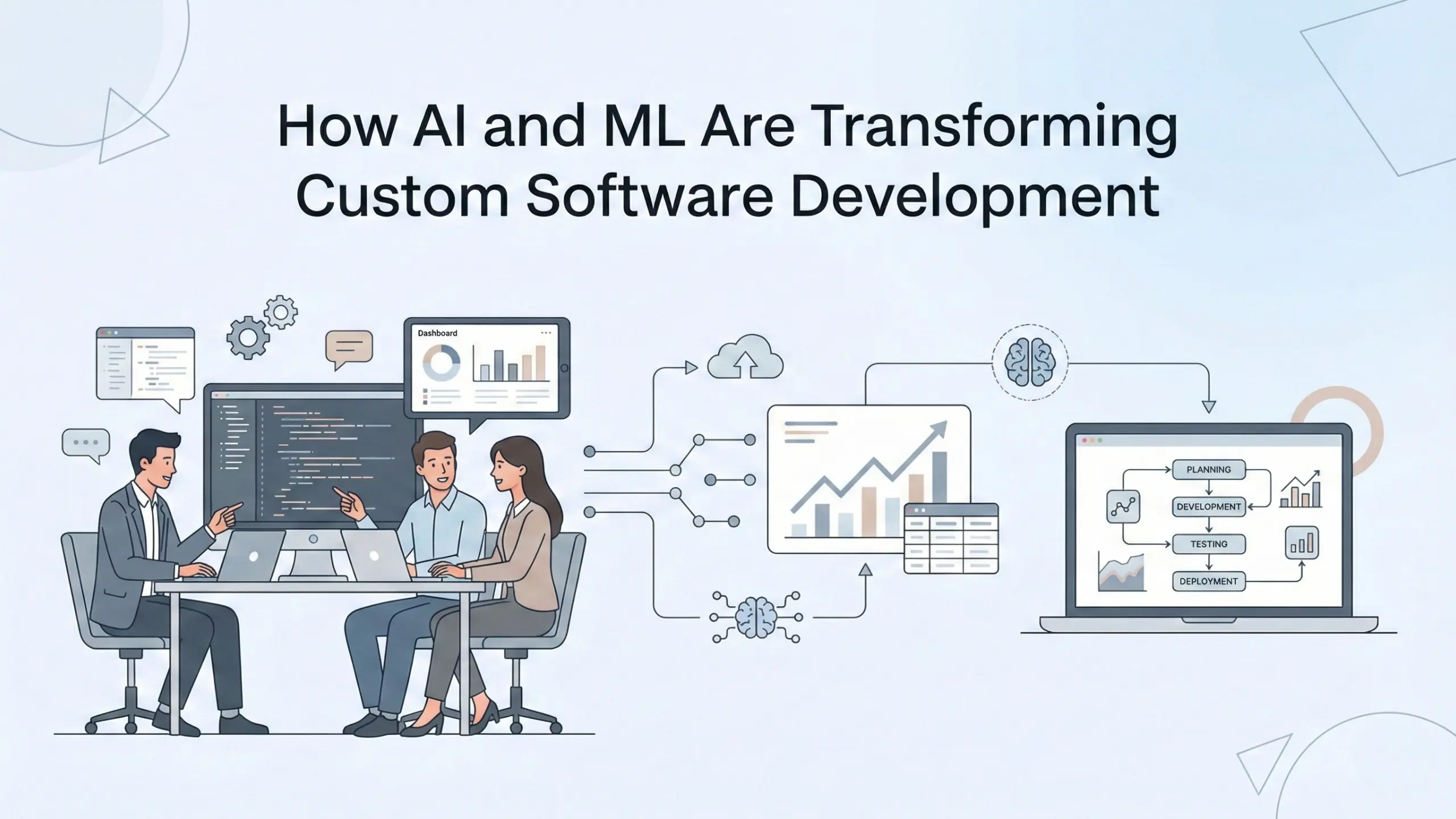 Simple illustration of a team working on custom software development using AI and machine learning, showing data analytics, automation workflows, and software development lifecycle.