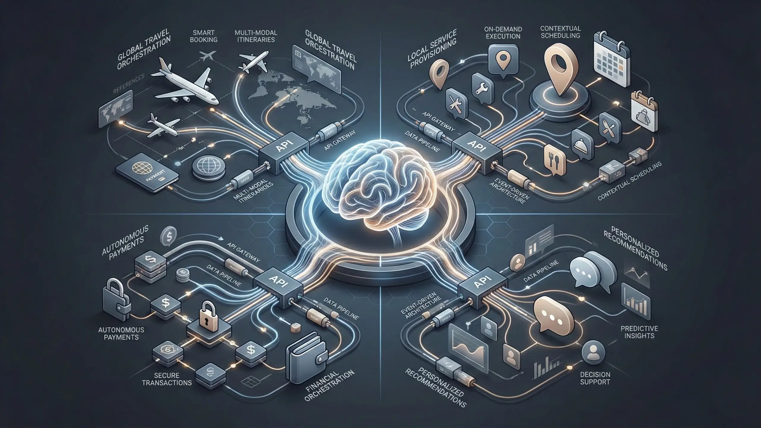 A diagram illustrating a central artificial intelligence brain connected via API gateways and data pipelines to four distinct functional areas: Global Travel Orchestration, Local Service Provisioning, Autonomous Payments, and Personalized Recommendations, showing an interconnected, event-driven architecture.