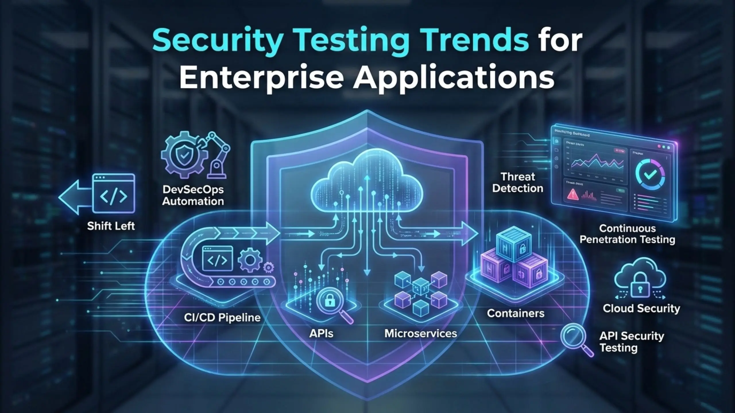 Illustration showing enterprise security testing trends including DevSecOps automation, shift left testing, API security, cloud security, microservices, CI CD pipelines, and continuous penetration testing.
